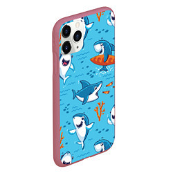 Чехол iPhone 11 Pro матовый Прикольные акулята - паттерн, цвет: 3D-малиновый — фото 2