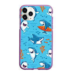 Чехол iPhone 11 Pro матовый Прикольные акулята - паттерн