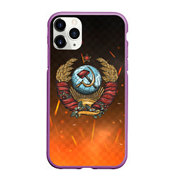 Чехол iPhone 11 Pro матовый Герб СССР на фоне огня