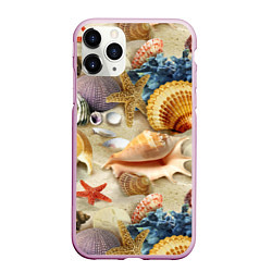 Чехол iPhone 11 Pro матовый Морские раковины, кораллы, морские звёзды на песке, цвет: 3D-розовый
