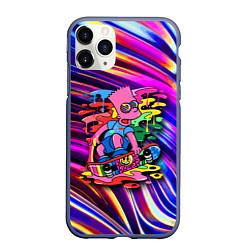 Чехол iPhone 11 Pro матовый Скейтбордист Барт Симпсон на фоне разноцветных кля