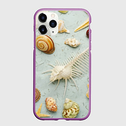Чехол iPhone 11 Pro матовый Океанские ракушки и морские звёзды на песке, цвет: 3D-фиолетовый
