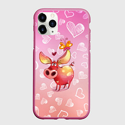 Чехол iPhone 11 Pro матовый Свинка с большими ушами и с бабочкой, цвет: 3D-малиновый