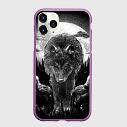 Чехол iPhone 11 Pro матовый Волк на фоне луны - рисунок карандашом