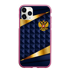 Чехол iPhone 11 Pro матовый Золотой герб России на объемном синим фоне, цвет: 3D-малиновый