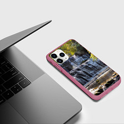 Чехол iPhone 11 Pro матовый Водопад, солнечные лучи и лес, цвет: 3D-малиновый — фото 2