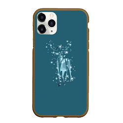 Чехол iPhone 11 Pro матовый Деревья и снежинки в силуэте идущего оленя