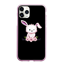 Чехол iPhone 11 Pro матовый Крольчонок С Цветами На Чёрном Фоне, цвет: 3D-розовый