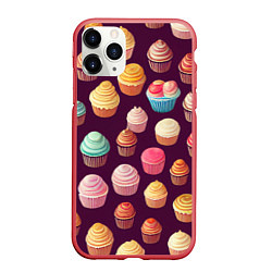 Чехол iPhone 11 Pro матовый Много нарисованных капкейков, цвет: 3D-красный