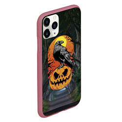 Чехол iPhone 11 Pro матовый Ворон, сидящий на тыкве - Halloween, цвет: 3D-малиновый — фото 2