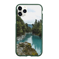 Чехол iPhone 11 Pro матовый Река, лес и скалы, цвет: 3D-темно-зеленый