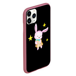 Чехол iPhone 11 Pro матовый Крольчонок танцует со звёздами на чёрном фоне, цвет: 3D-малиновый — фото 2