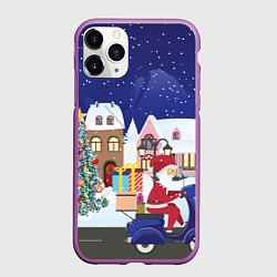 Чехол iPhone 11 Pro матовый Дед Мороз едет на скутере с подарками в Новогоднюю, цвет: 3D-фиолетовый