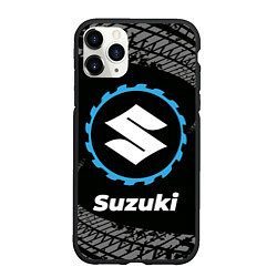 Чехол iPhone 11 Pro матовый Suzuki в стиле Top Gear со следами шин на фоне