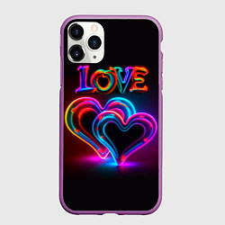Чехол iPhone 11 Pro матовый Love - неоновые сердца, цвет: 3D-фиолетовый