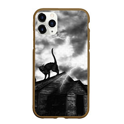 Чехол iPhone 11 Pro матовый Halloween - чёрный кот на ведьмином доме, цвет: 3D-коричневый