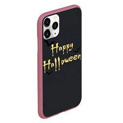 Чехол iPhone 11 Pro матовый Happy Halloween надпись с летучими мышами, цвет: 3D-малиновый — фото 2