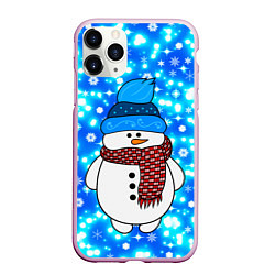 Чехол iPhone 11 Pro матовый Снеговик в шапке, цвет: 3D-розовый