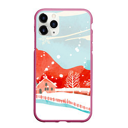 Чехол iPhone 11 Pro матовый Зимние новогодние горы, цвет: 3D-малиновый