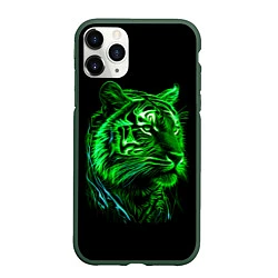 Чехол iPhone 11 Pro матовый Нейросеть: неоновый зелёный тигр, цвет: 3D-темно-зеленый