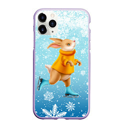 Чехол iPhone 11 Pro матовый Кролик на коньках в снегопад, цвет: 3D-светло-сиреневый