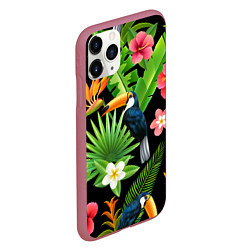 Чехол iPhone 11 Pro матовый Тропический паттерн с туканом, цвет: 3D-малиновый — фото 2