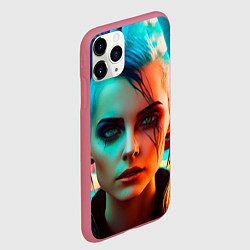 Чехол iPhone 11 Pro матовый Нейросеть - девушка в стиле киберпанк, цвет: 3D-малиновый — фото 2