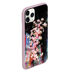 Чехол iPhone 11 Pro матовый Ветка сакуры на фоне ночного Токио - glitch, цвет: 3D-розовый — фото 2