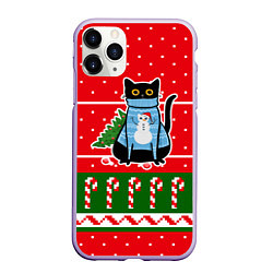 Чехол iPhone 11 Pro матовый Котик в синем свитере с ёлочкой, цвет: 3D-светло-сиреневый