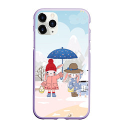 Чехол iPhone 11 Pro матовый Зайчики под зонтом, цвет: 3D-светло-сиреневый