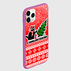 Чехол iPhone 11 Pro матовый С новым годом - котик и ёлка, цвет: 3D-фиолетовый — фото 2