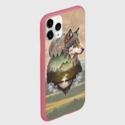 Чехол iPhone 11 Pro матовый Портрет волка в технике двойной экспозиции, цвет: 3D-малиновый — фото 2