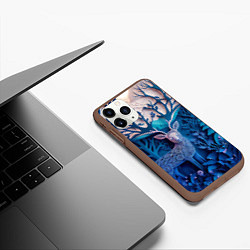 Чехол iPhone 11 Pro матовый Объемная иллюстрация из бумаги лес и олень на сине, цвет: 3D-коричневый — фото 2