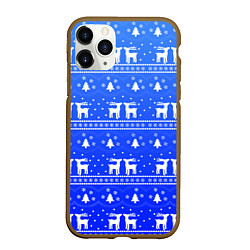 Чехол iPhone 11 Pro матовый Синий орнамент с оленями, цвет: 3D-коричневый