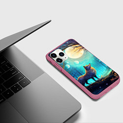 Чехол iPhone 11 Pro матовый Волк в ночном лесу в folk art стиле, цвет: 3D-малиновый — фото 2