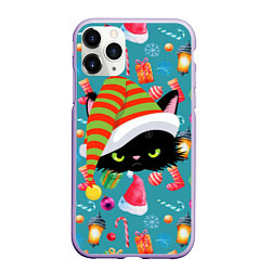 Чехол iPhone 11 Pro матовый Новогодний котик, цвет: 3D-светло-сиреневый