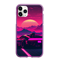Чехол iPhone 11 Pro матовый Синтвейв закат с автомобилем, цвет: 3D-фиолетовый