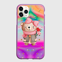 Чехол iPhone 11 Pro матовый Мишка с сердечком и цветком, цвет: 3D-фиолетовый