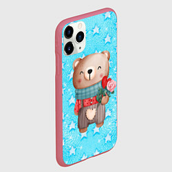Чехол iPhone 11 Pro матовый Мишка с розой, цвет: 3D-малиновый — фото 2