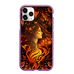 Чехол iPhone 11 Pro матовый Девушка в стиле ар-нуво с огнем и осенними листьям