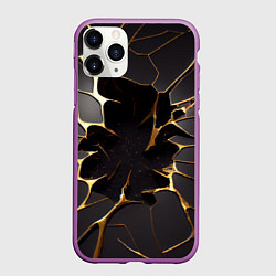 Чехол iPhone 11 Pro матовый Трещины в пропасть: черно-золотой узор