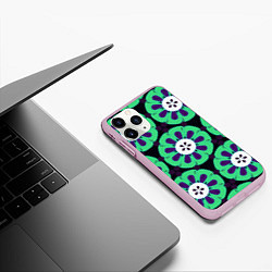 Чехол iPhone 11 Pro матовый Паттерн голубо-зеленые зубастые цветы, цвет: 3D-розовый — фото 2