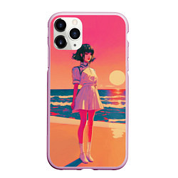 Чехол iPhone 11 Pro матовый Аниме-девушка в белом платье на фоне розового зака, цвет: 3D-розовый