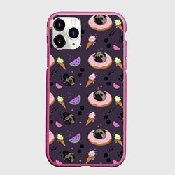 Чехол iPhone 11 Pro матовый Паттерн с мопсами и едой, цвет: 3D-малиновый