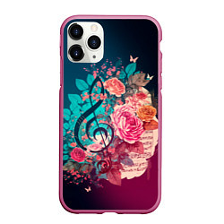 Чехол iPhone 11 Pro матовый Цветы и музыкальная нота