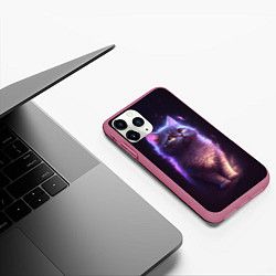 Чехол iPhone 11 Pro матовый Неоновый котик и луна, цвет: 3D-малиновый — фото 2