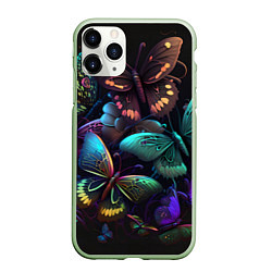Чехол iPhone 11 Pro матовый Разные неоновые бабочки, цвет: 3D-салатовый