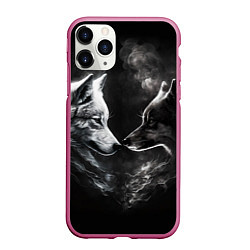 Чехол iPhone 11 Pro матовый Пара волков - белый и черный, цвет: 3D-малиновый