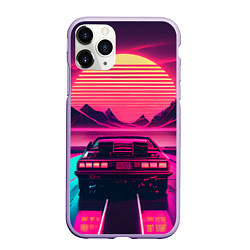 Чехол iPhone 11 Pro матовый Синтвейв закат и автомобиль, цвет: 3D-светло-сиреневый