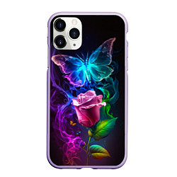 Чехол iPhone 11 Pro матовый Неоновая бабочка с цветком, цвет: 3D-светло-сиреневый